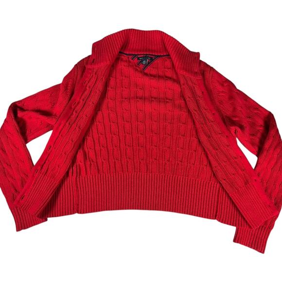 Tommy Hilfiger Red Cable Knit Button Cardigan Women’s Large 100% Cotton Preppy - Picture 6 of 13
